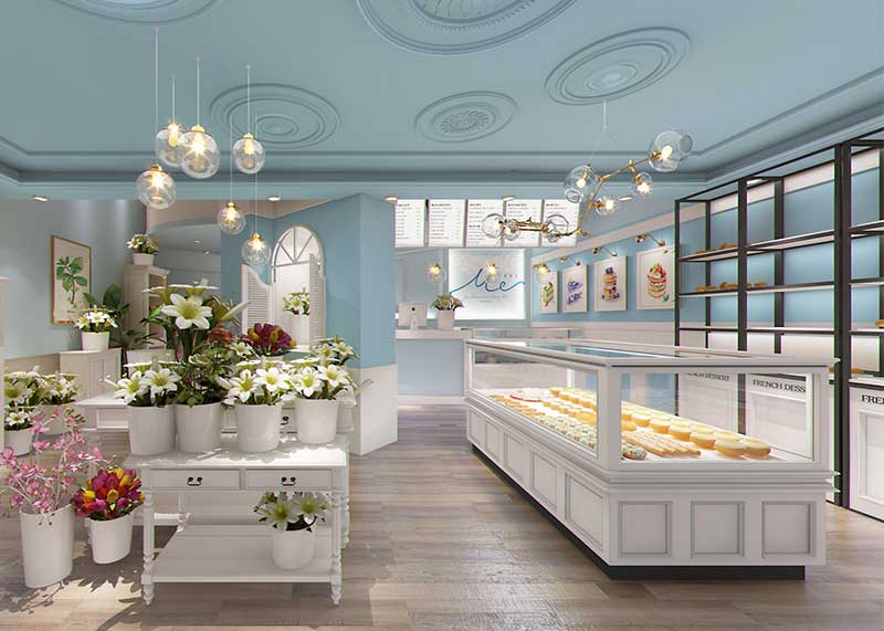 高贵典雅的装饰风格使整个甜品店从内而外散发出清新而高档的氛围